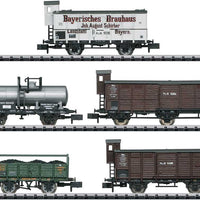 Type Rms 31 Stake Flatcar 3-Car Set - Ready to Run - Minitrix -- With Tractor & Hand Car Loads, German State Railroad DRG (Era III, brown)