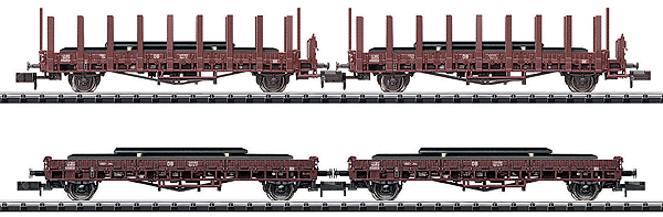 Minitrix Type Rmrs 31 Stake Flatcar & Rms 31 Flatcar 4-Car Set - Ready to Run -- With Steel Plate Loads - German Federal Railway (Era IV, Boxcar Red)