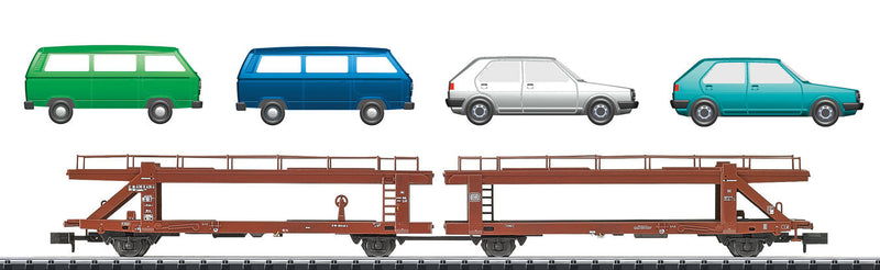 Type Laekks 553 Articulated Auto Carrier w/8 Vehicles - Ready to Run - Minitri -- German Federal Railway #1 (Era IV 1985, Boxcar Red)