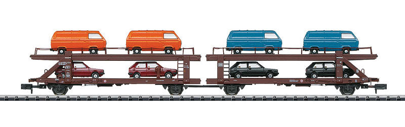 Type Laekks 553 Articulated Auto Carrier w/8 Vehicles - Ready to Run - Minitri -- German Federal Railway #2 (Era IV 1985, Boxcar Red)
