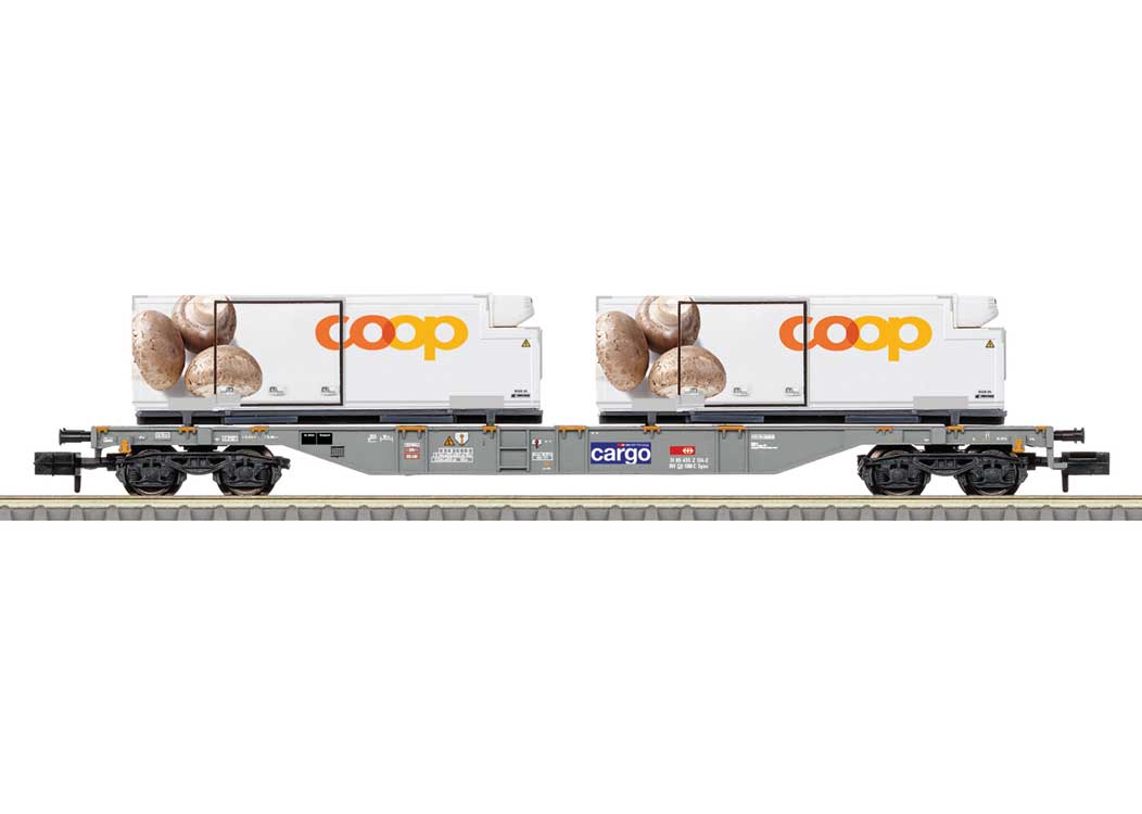 Type Sgns Flatcar w/20' Reefer Container Load - Ready-to-Run - Minitrix -- Swiss Federal Railways Cargo SBB (Era VI, gray, Coop containers)