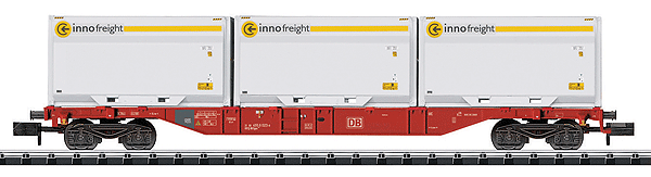 Minitrix Type Sgns Container Flatcar w/XXL WoodTainer Load - Ready to Run -- German Federal Railway (Era VI, Traffic Red; 3 Innofreight Containers, white