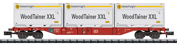 Minitrix Type Sgns Container Flatcar w/XXL WoodTainer Load - Ready to Run -- German Federal Railway (Era VI, Traffic Red; 3 Innofreight Containers, White