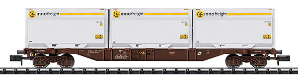 Minitrix Type Sgnss Container Flatcar w/XXL WoodTainer Load - Ready to Run -- Austrian Federal Railways OBB (Era VI, brown; 3 Innofreight Containers, whit