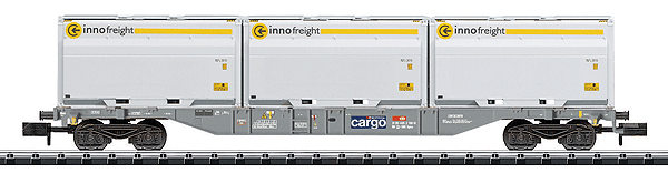 Minitrix Type Sgnss Container Flatcar w/XXL WoodTainer Load - Ready to Run -- Swiss Federal Railways SBB (Era VI, gray; 3 Innofreight Containers, white)