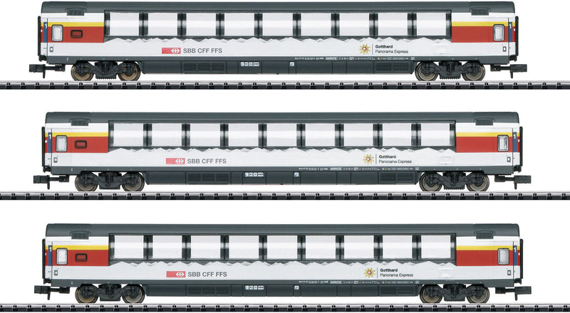 Type Apm EuroCity 1st Class Panorama Car 3-Pack - Ready to Run - Minitrix -- Swiss Federal Railways SBB/CFF/FFS (Era VI 2018; black, white, red; Gotthard