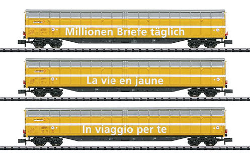 Habbiillnss High-Capacity Sliding-Wall Boxcar 3-Pack - Ready to Run - Minitrix -- Swiss Post (Era VI 2016; yellow, silver, white; Advertisement Slogans)