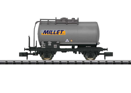 Two-Axle Tank Car  - Ready to Run - Minitrix Hobby -- Millet (Era VI, gray, yellow, blue)