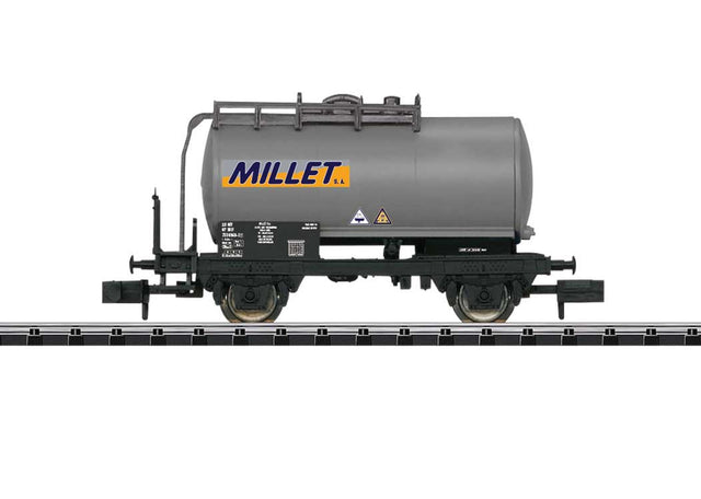 Two-Axle Tank Car  - Ready to Run - Minitrix Hobby -- Millet (Era VI, gray, yellow, blue)