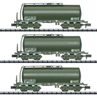 Standard Design 4-Axle Tank Car 3-Pack - Ready to Run - Minitrix -- United States Transportation Corps. (Era III, green)