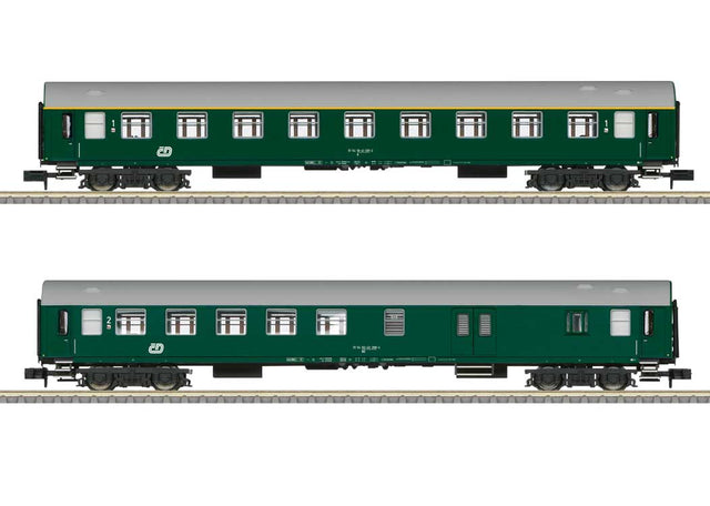 Type Y/B 2nd Class Combine, 1st Class Coach Set - Ready to Run - Minitrix -- Czech Railroad CD (Era V 1968, green, gray)