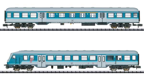 Type ABnrz 1st/2nd Class Coach & Type 480.1 Cab Car - Ready to Run - Minitrix -- Company for Vehicle Technology GfF (Era VI 2022, blue, gray)-1