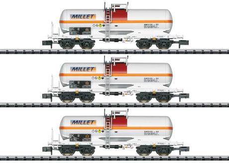 4-Axle Tank Car 3-Pack - Ready to Run - Minitrix -- Millet (Era VI 2024, white, orange, red)