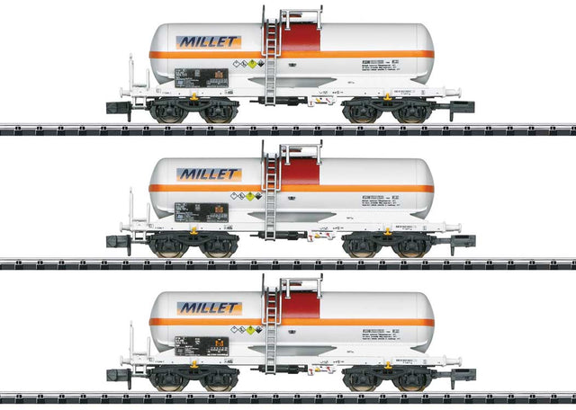 4-Axle Tank Car 3-Pack - Ready to Run - Minitrix -- Millet (Era VI 2024, white, orange, red)