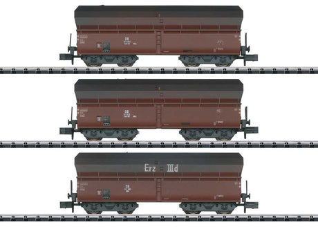 Type OOtz Fad 50 Hopper Car 3-Pack - Ready to Run - Minitrix -- German Federal Railroad DB (Era III 1960s, weathered, Boxcar Red)
