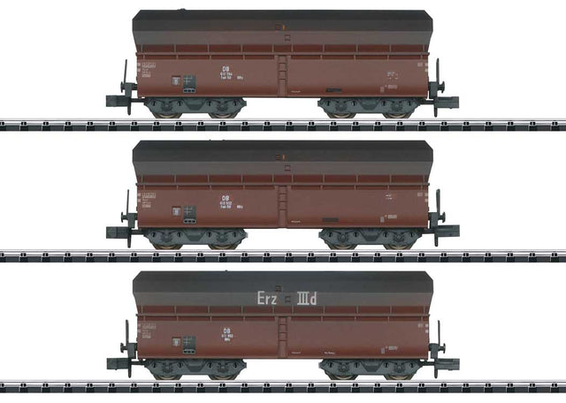 Type OOtz Fad 50 Hopper Car 3-Pack - Ready to Run - Minitrix -- German Federal Railroad DB (Era III 1960s, weathered, Boxcar Red)