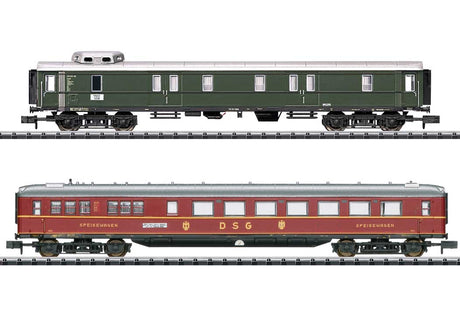 Type WR4u Diner & Pw4u-37 Baggage - Ready to Run - Minitrix -- German Federal Railroad DB (Era III 1952, D 96 Train, 1 green, 1 red)