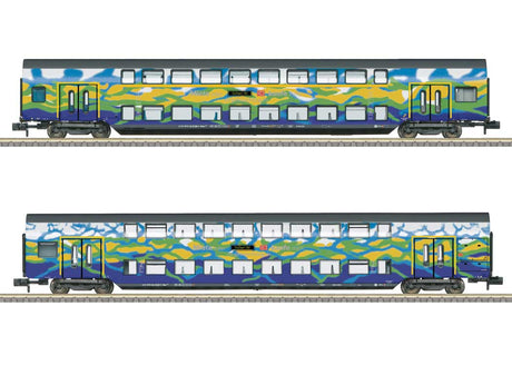 Type DBpza 753.5 & DABpza 758.5 Bi-Level Car Set - Ready to Run - Minitrix -- German Federal Railroad DB AG/DB Used Train (Era VI 2026, blue, yellow, gree
