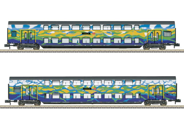 Type DBpza 753.5 & DABpza 758.5 Bi-Level Car Set - Ready to Run - Minitrix -- German Federal Railroad DB AG/DB Used Train (Era VI 2026, blue, yellow, gree