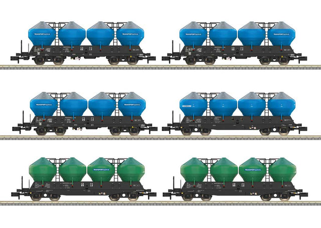 Type Uacs Silo Car 6-Pack - Ready-to-Run - Minitrix -- Transportservis (Era VI 2011, black, car, silver silos with blue or green tr