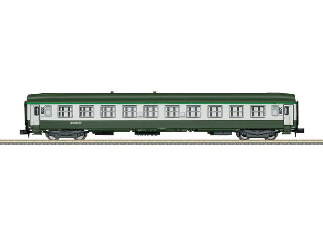 Type B10 2nd Class Coach - Ready to Run - Minitrix -- French State Railways SNCF  (Era V 1994, gray, white, green)