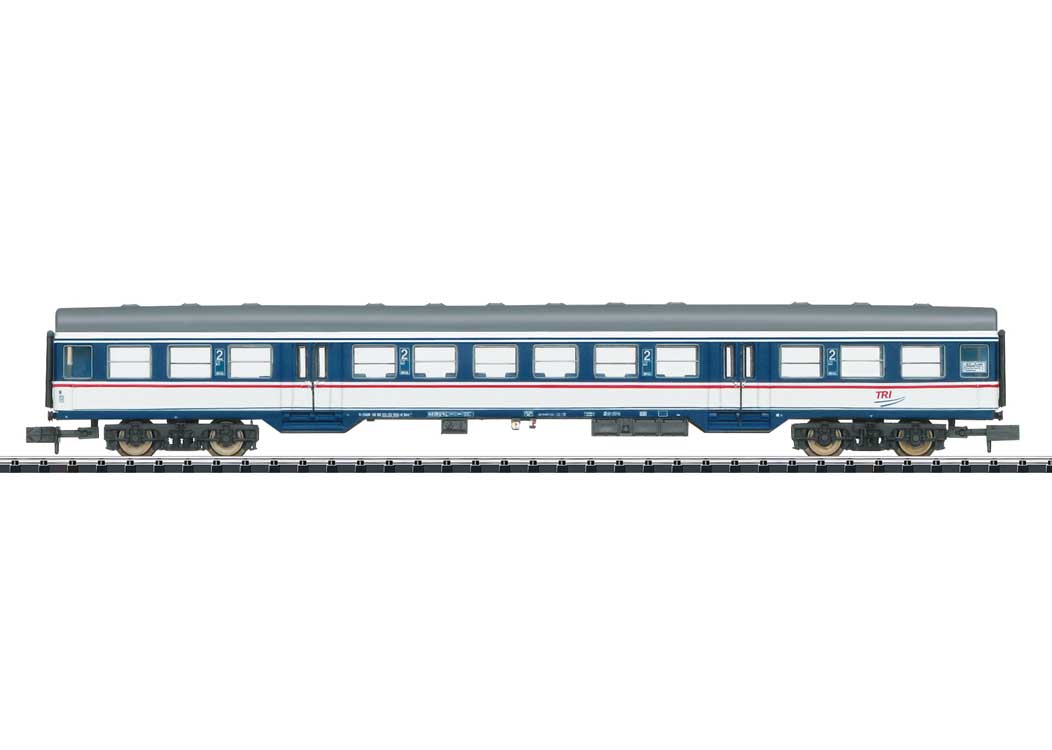 Type Bnrz 450.3 2nd Class Coach - Ready to Run - Minitrix -- Train Rental, Inc. TRI #50 80 22-35 956-8 (Era VI 2021, blue, white, red)