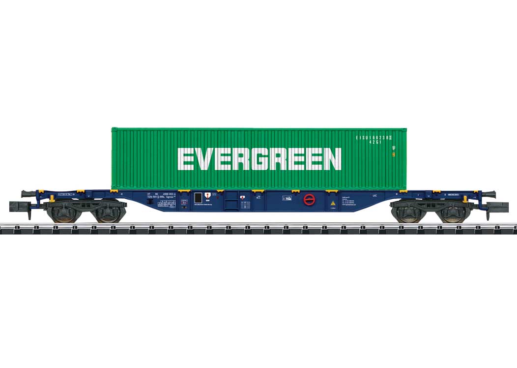 Type Sgnss Container Flatcar w/40' Container - Ready to Run - Minitrix -- RailReLease BV RRL (Era VI, blue w/Evergreen Container, green)
