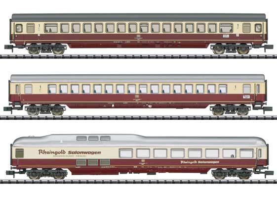 Type Apmz 121.2, Apmz 122 Coaches & WGmh Diner TEE Set - Ready to Run - Mini -- German Federal Railroad DB (Era V 1989, ivory, red, silver)-1