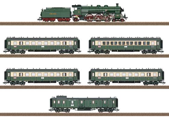 Bavarian Express Train-Only Set - Sound and DCC -- Royal Bavarian State Railroad Class S 3/6 4-6-2, 5 Cars (Era I, green, cream-1