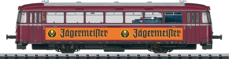 Class VT 54 Diesel Railcar w/Sound & DCC -- Kahlgrund Transportation (Era IV 1970; red, orange; Jagermeister Ad)