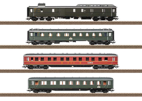 Type PwPost4u, ABC4u, WLAB4u(e), BC4uwe Car Set for D 74 Train - Ready to Ru -- German Federal Railroad DB (Era III 1955, 3 green & 1 red cars)-1