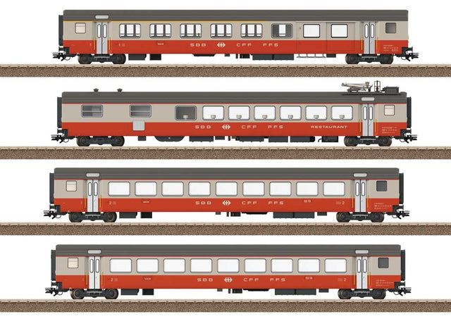 Type AD Combine, Type WR Diner, 2 Type B Coaches - Ready to Run -- Swiss Federal Railways SBB/CFF/FFS (Era IV 1975, Swiss Express, gray, orange-1