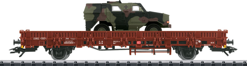 Type Kbs 443 Low-Side Car with Dingo Army Truck - Ready-to-Run -- German Federal Railway (Era V, Boxcar Red; Camouflage Green Vehicle)