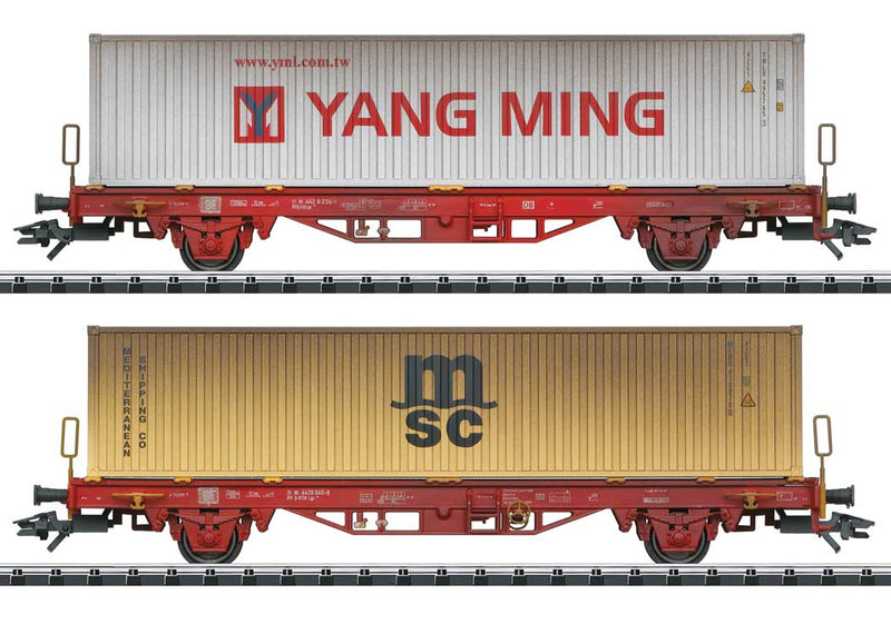 2 Type Lgs 580 2-Axle Container Flatcars, 1 Type Sgns 4-Axle Car Set -- German Federal Railway (Traffic Red Flatcar, Various Containers)