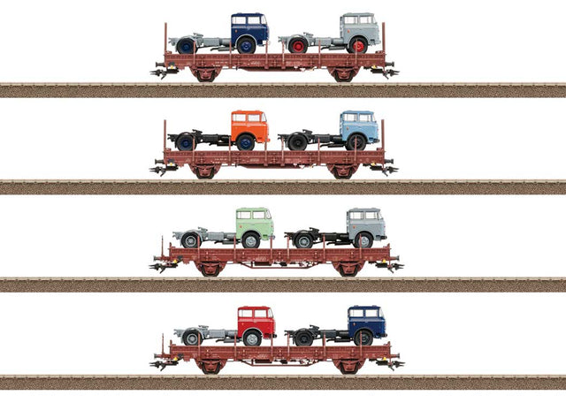 Ks 3300 & Ks 3301 Rotary Stake Flatcar With Semi Tractors 4-Pack - Ready-to-Ru -- German State Railroad DR (Era VI 1980, Boxcar Red)