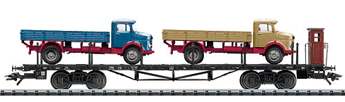 Flatcar wtih 2 Flatbed Trucks -- German Federal Railway (Black Flatcar; 1 Truck Each: blue, tan)