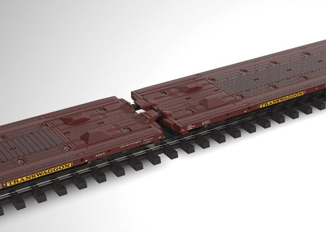 Type Laads 800B Paired Flatcar Set w/4 VW Crafter Load - Ready to Run -- Transwaggon (Era VI 2005, Boxcar Red)-2