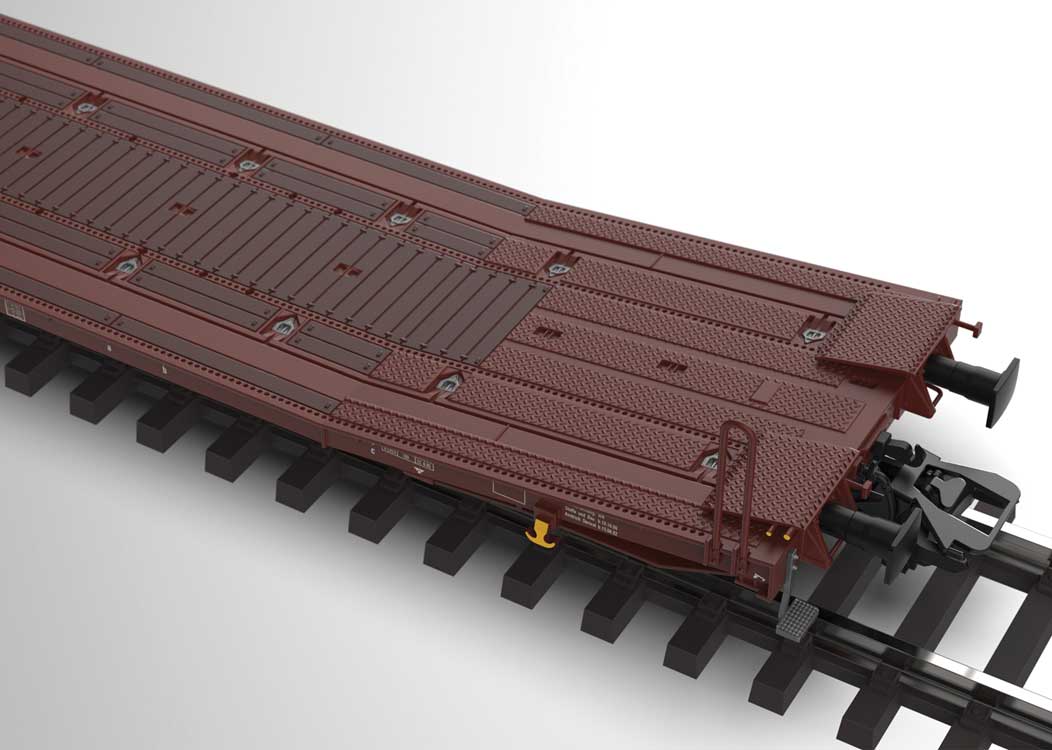 Type Laads 800B Paired Flatcar Set w/4 VW Crafter Load - Ready to Run -- Transwaggon (Era VI 2005, Boxcar Red)-3