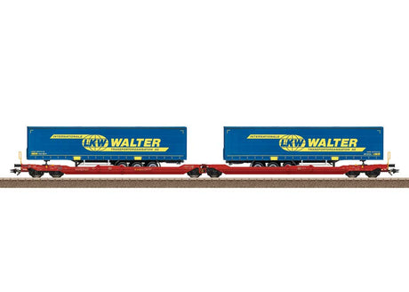 Type Sdggmrss 738 Double Deep Well Car w/Trailers - Ready to Run -- German Railroad DB AG (Era VI 2013, red, LKW Walter Trailers)-2