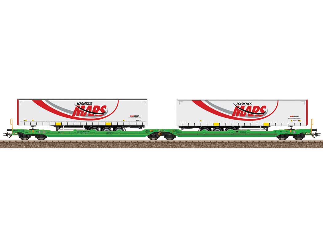 Type Sdggmrss Double Deep Well Car w/Trailers - Ready to Run -- CFL Cargo (Era VI 2021, green, Mars Trailers)