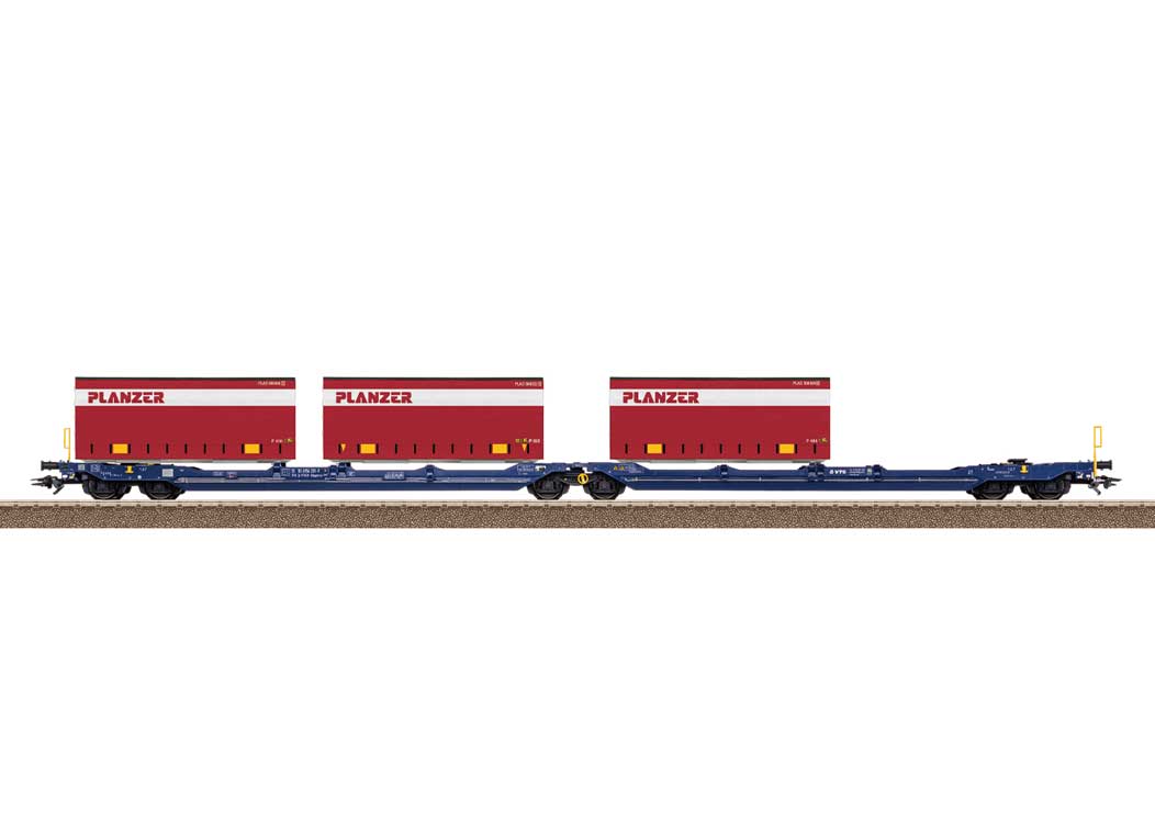 Type Sdggmrss S269 (T3000e) Flatcar Set w/20' Containers - 3-Rail - Ready to R -- VTG (Era VI 2023, blue car, 3 Planzer Containers)