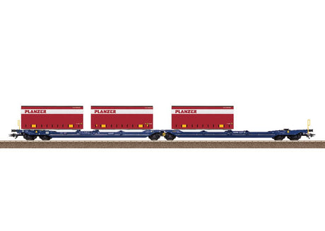 Type Sdggmrss S269 (T3000e) Flatcar Set w/20' Containers - 3-Rail - Ready to R -- VTG (Era VI 2023, blue car, 3 Planzer Containers)