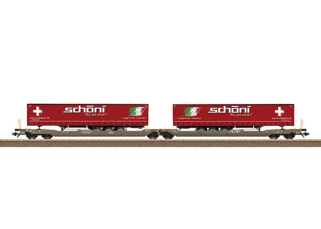 Type Sdggmrss Double Deep Well Car w/Trailers - Ready to Run -- Hupac AG (Era VI 2019, gray w/red Schoni Canvas Trailers)