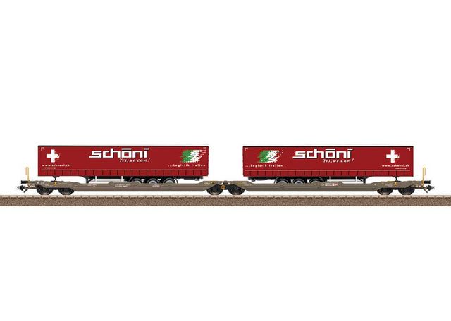 Type Sdggmrss Double Deep Well Car w/Trailers - Ready to Run -- Hupac AG (Era VI 2019, gray w/red Schoni Canvas Trailers)