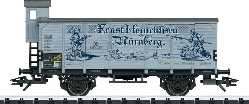 Type G02 Boxcar with Pewter Toy Stand - Ready-to-Run - 2014 Marklin Museum Car -- Ernst Heinrichsen Pewter Figures (Era III; gray, blue; German Lettering)-1