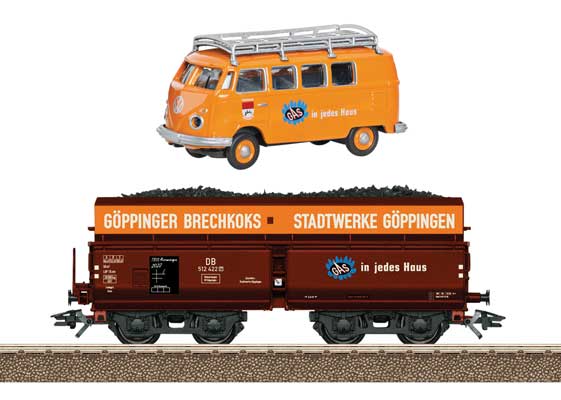 Type OOtz 43 Hopper Car w/Volkswagen T1 Van - Ready to Run -- 2022 Marklin Museum Goppingen Municipal Utilities SWG (Era III, Boxcar Red,-1