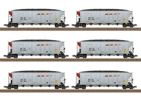 Coal Hopper 6-Pack w/Loads - Ready to Run -- BNSF Railway (2020s Scheme, silver, brown, orange, black, Wedge Logo)