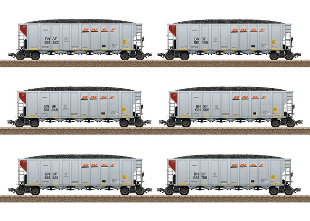 Coal Hopper 6-Pack w/Loads - Ready to Run -- BNSF Railway (2020s Scheme, silver, brown, orange, black, Wedge Logo)