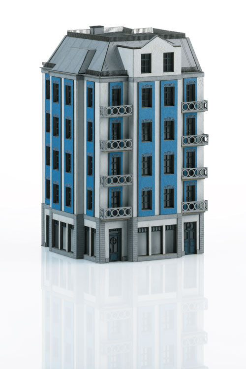 6-Story Art Nouveau Corner Storefront/Apartment City Building - Minitrix -- Laser-Cut Cardstock Kit - 3-3/8 x 3-3/8 x 5-7/8"  8.5 x 8.5 x 15cm, 90 Degr