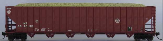 Greenville 7000-Cubic Foot Wood Chip Hopper - Ready to Run -- Missouri Pacific #2 (Boxcar Red, white, Small Buzzsaw Logo)